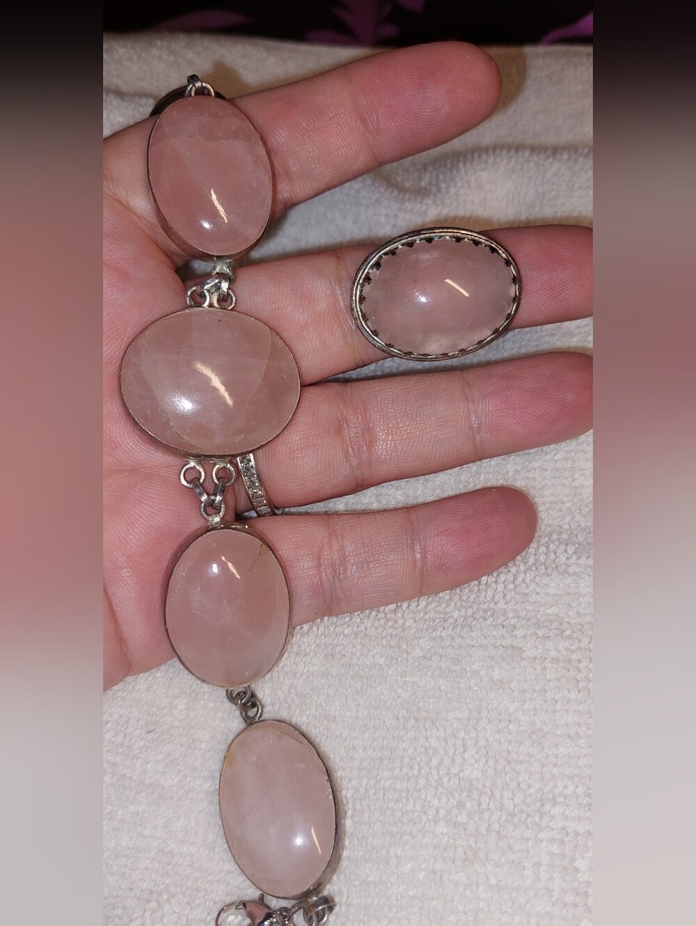 Rose Quartz Silver-Tone Bracelet and Ring Set - Pink